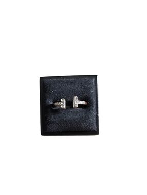 Size 5.5 Tarnished Silver Toned Open Bar Ring with Pavé Crystal Accents